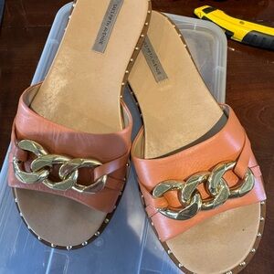Saks Fifth Avenue Peach Orange  Gold Chain Sandals